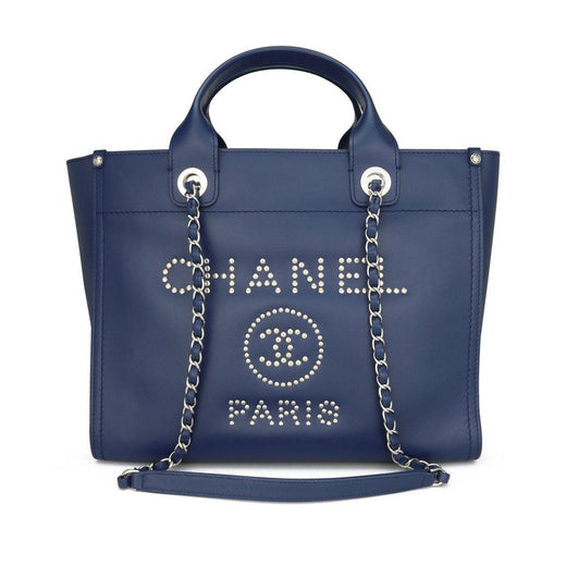 Studded Navy Blue Caviar Deauville Tote Small