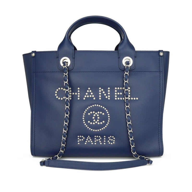 Studded Navy Blue Caviar Deauville Tote Small