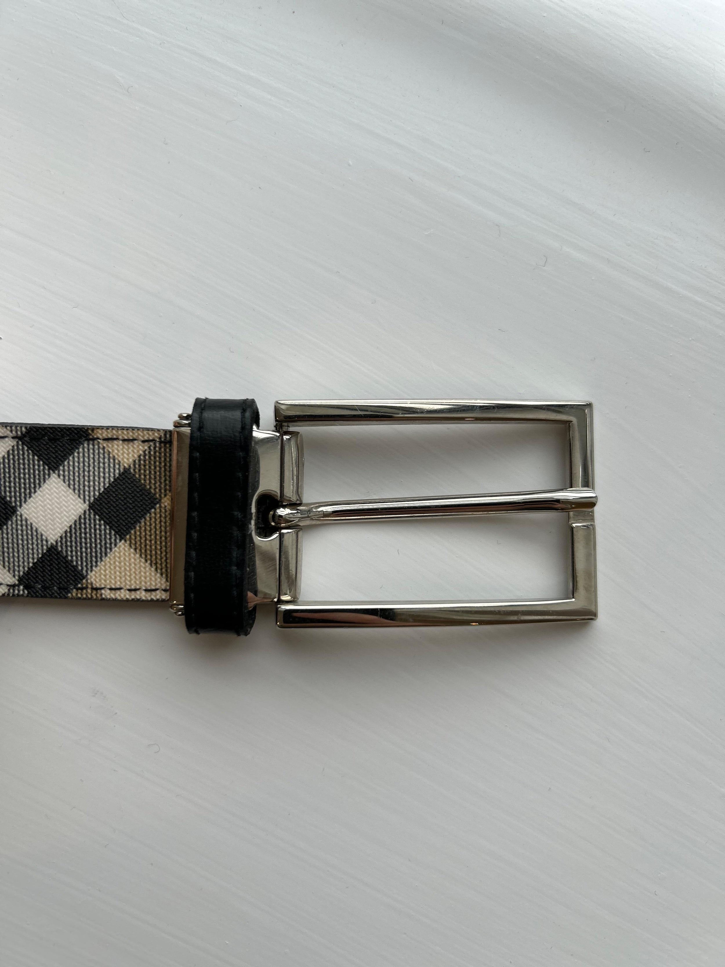 Check Canvas & leather Belt - Size 100
