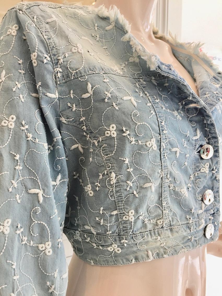 Blumarine Filigree Embroidered Pale Blue Cropped Jacket
