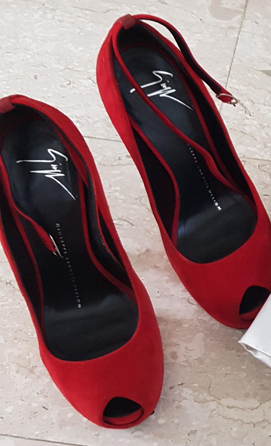 Giuseppe Zanotti red suede open toe ankle strap pumps