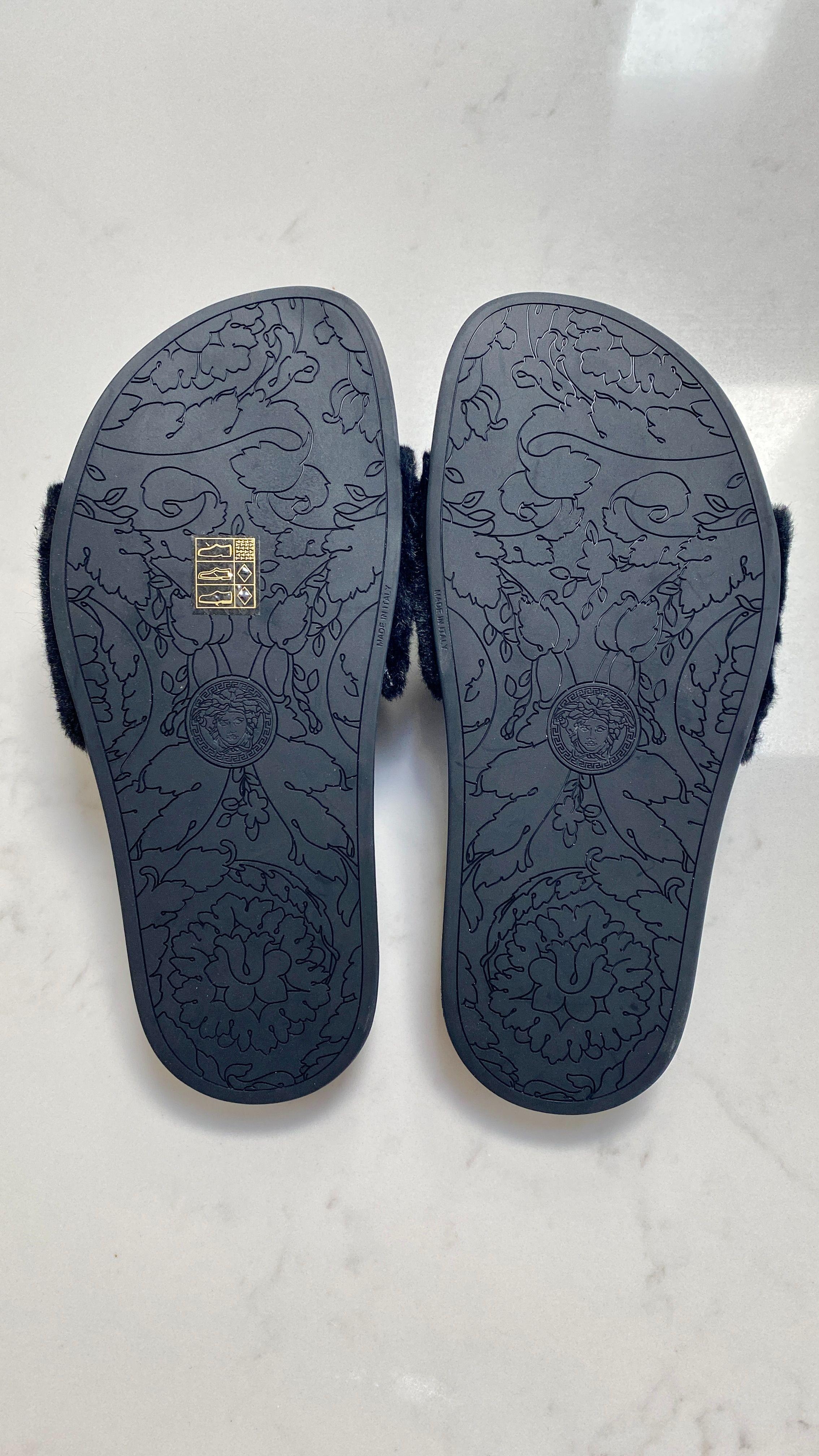 Versace Black Faux Fur Medusa Slides