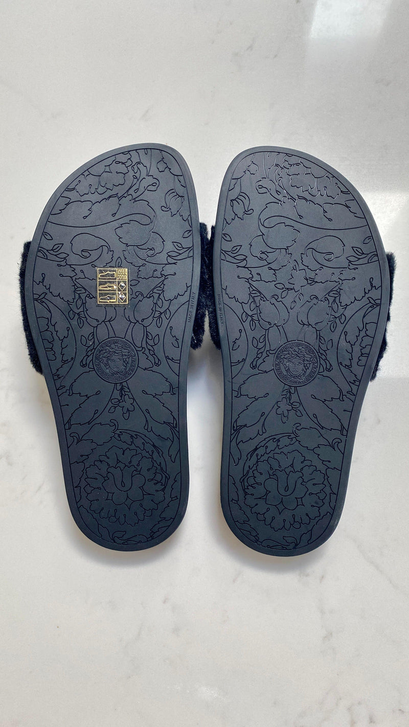 Versace Black Faux Fur Medusa Slides
