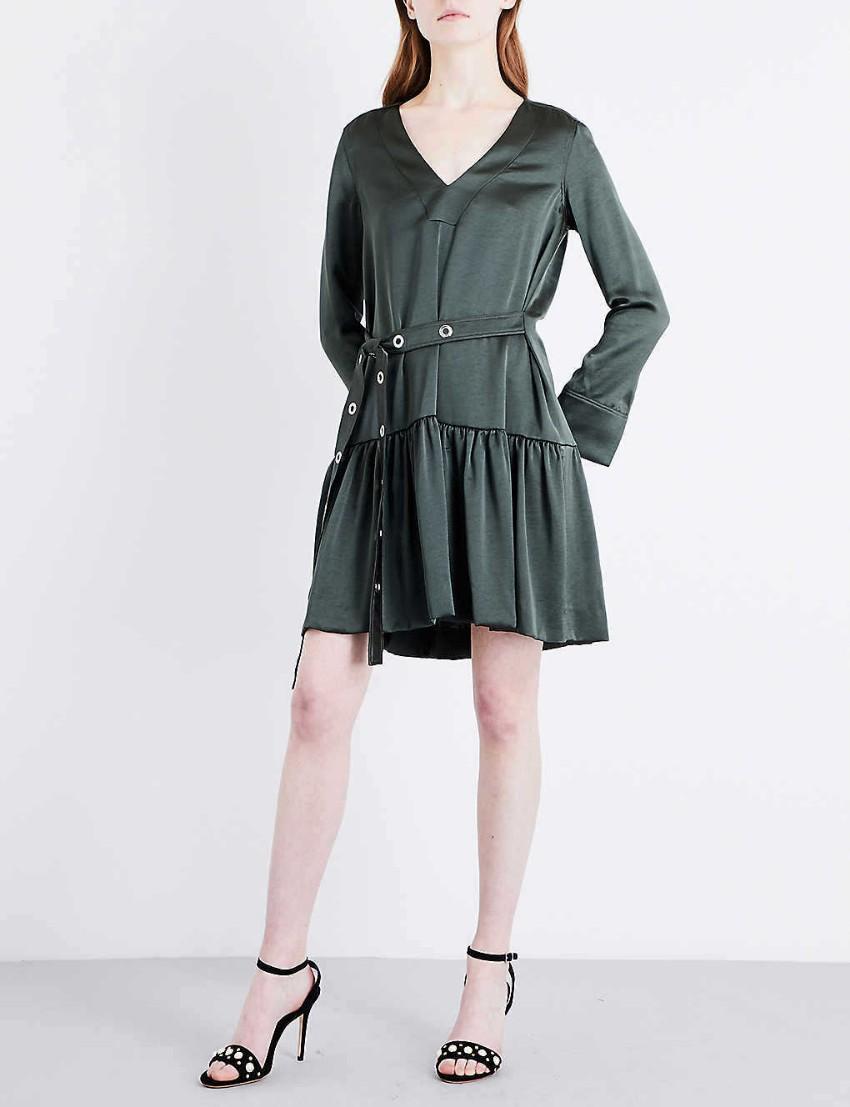 Sandro Olive Satin Dress with Eyelet Detailed Belt