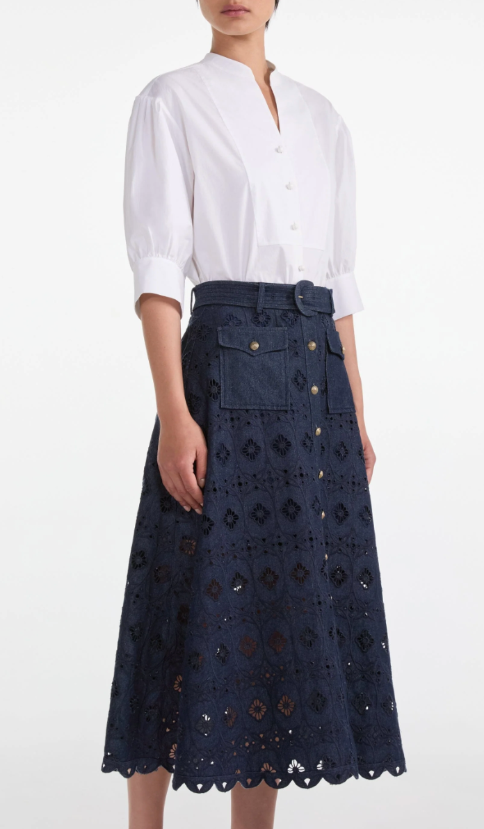 Saloni Denim Embroidered Kali Midi Skirt