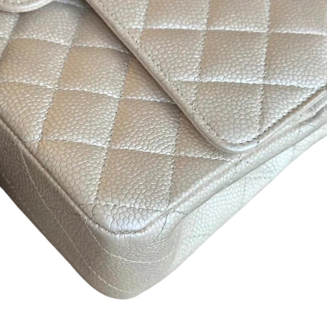 Iridescent Beige Medium  Quilted Caviar Grained Calfskin Double Flap Bag