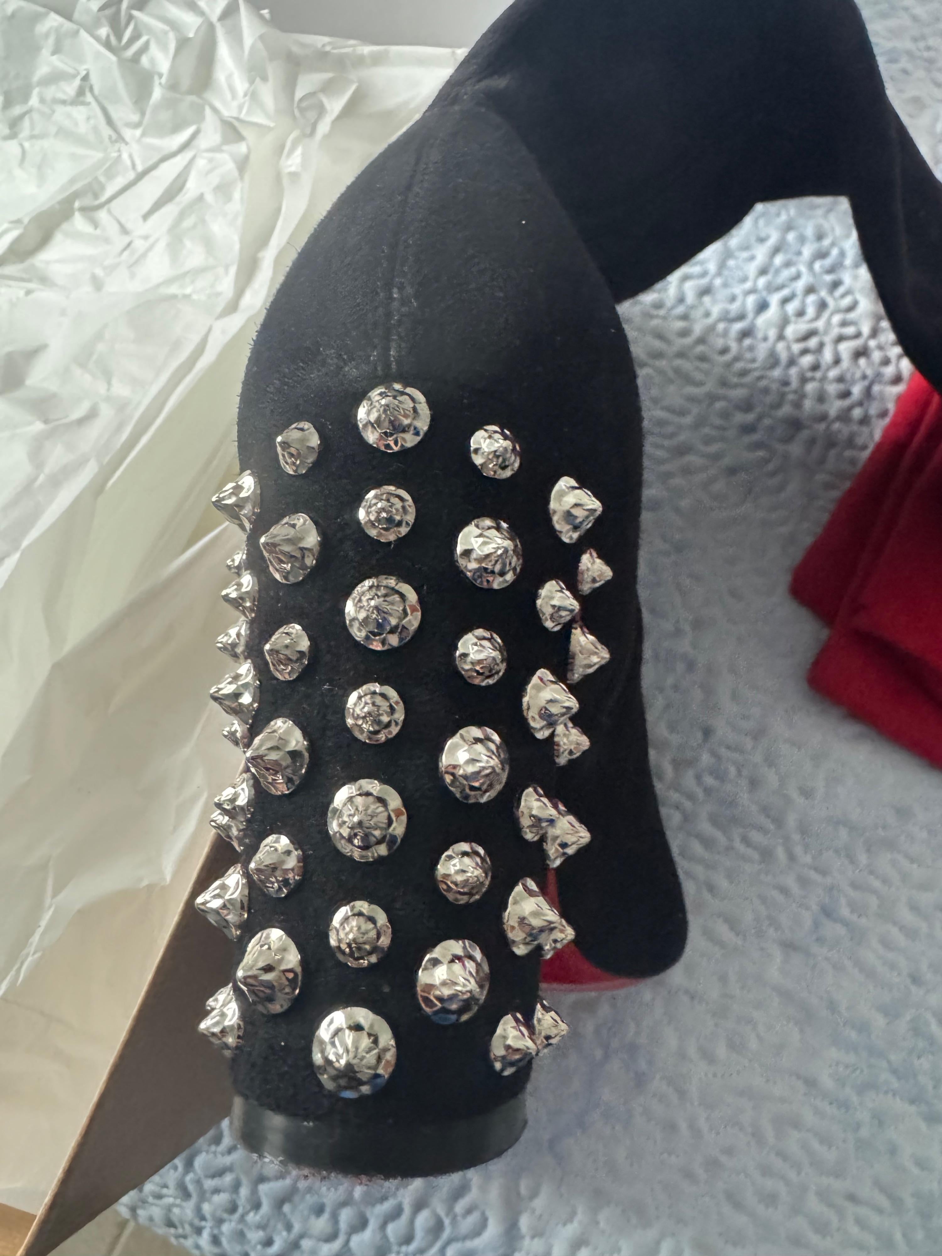Louboutin Embellished Heel Long Stretch Suede Boots