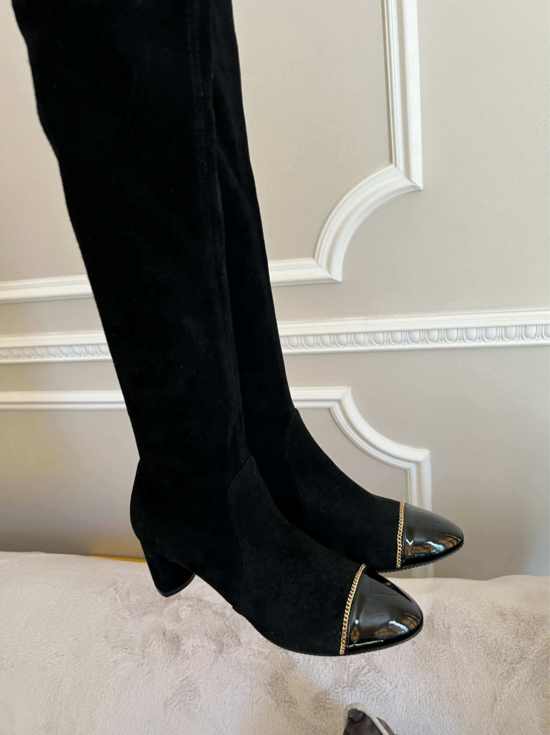 Valerie 60 chain-trimmed patent-leather and stretch-suede knee boots