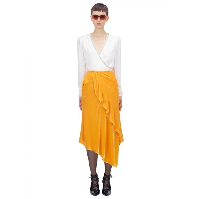 Self Portrait Yellow Velvet Ruffle Midi Skirt