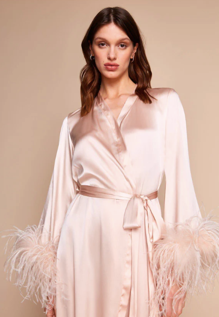 Gilda and Pearl Pink Camille Feather Trim Silk Robe