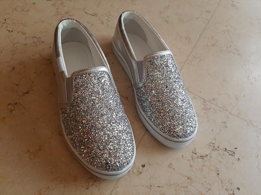 Metallic Silver Glitter Slip-On Sneakers