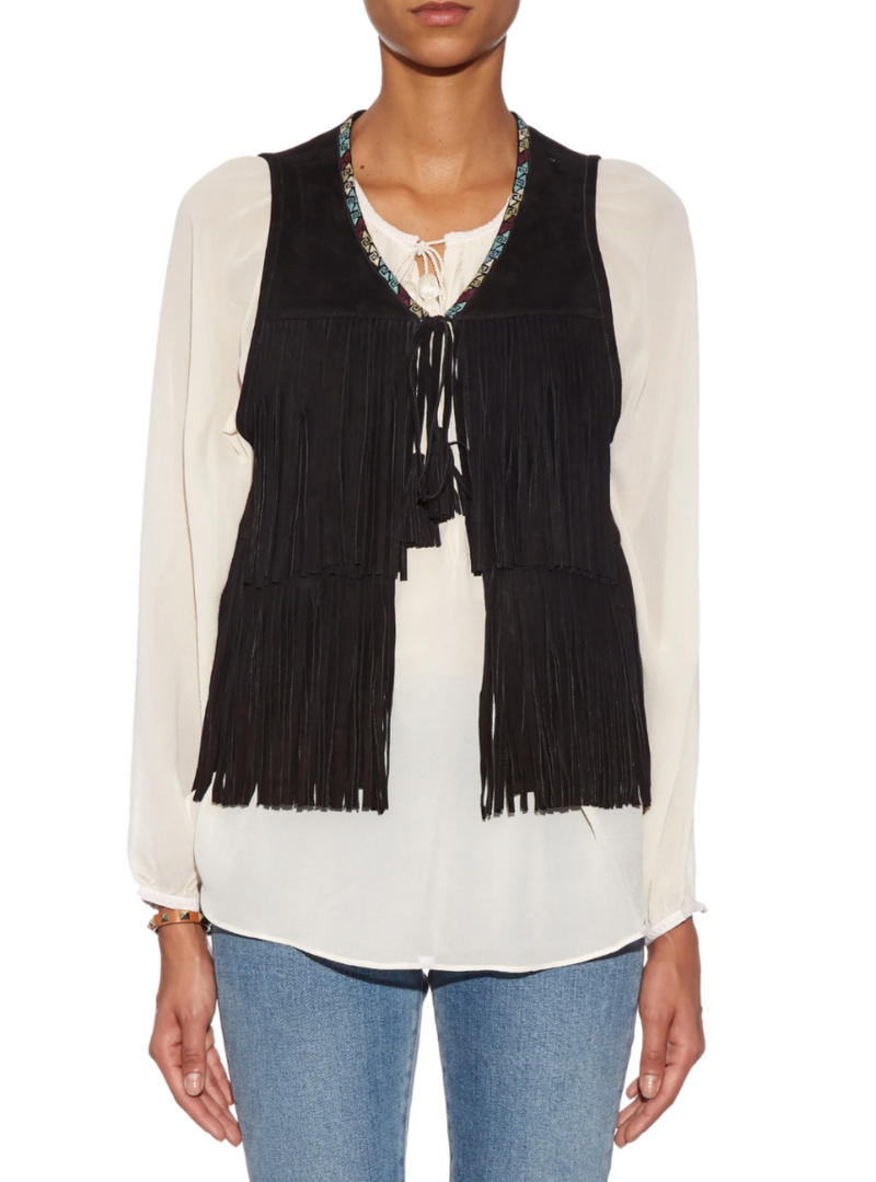 Talitha Black Embroidered Suede Fringed Gilet