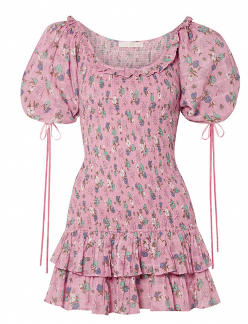 Violet Floral Printed Cotton Ruffled Mini Dress