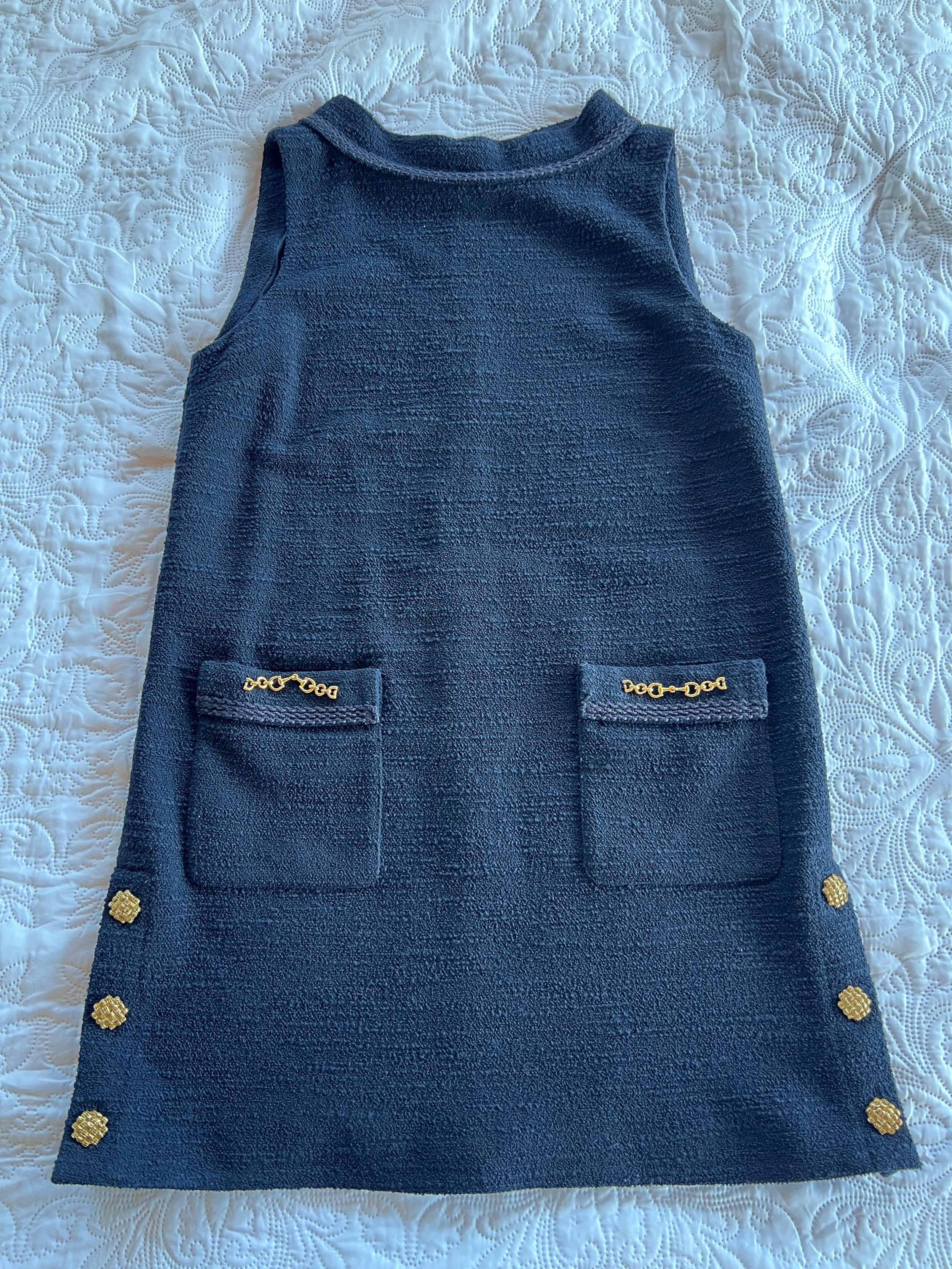Gucci Navy Wool Blend Shift Dress with Gold Detail