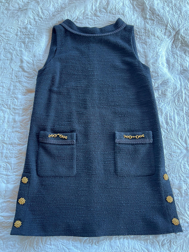 Gucci Navy Wool Blend Shift Dress with Gold Detail