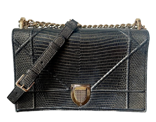 Dior Black and Gold Lizard Medium Diorama Flap Bag