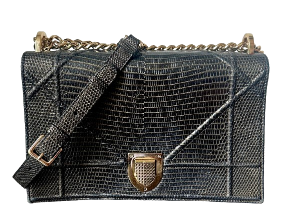 Dior Black and Gold Lizard Medium Diorama Flap Bag