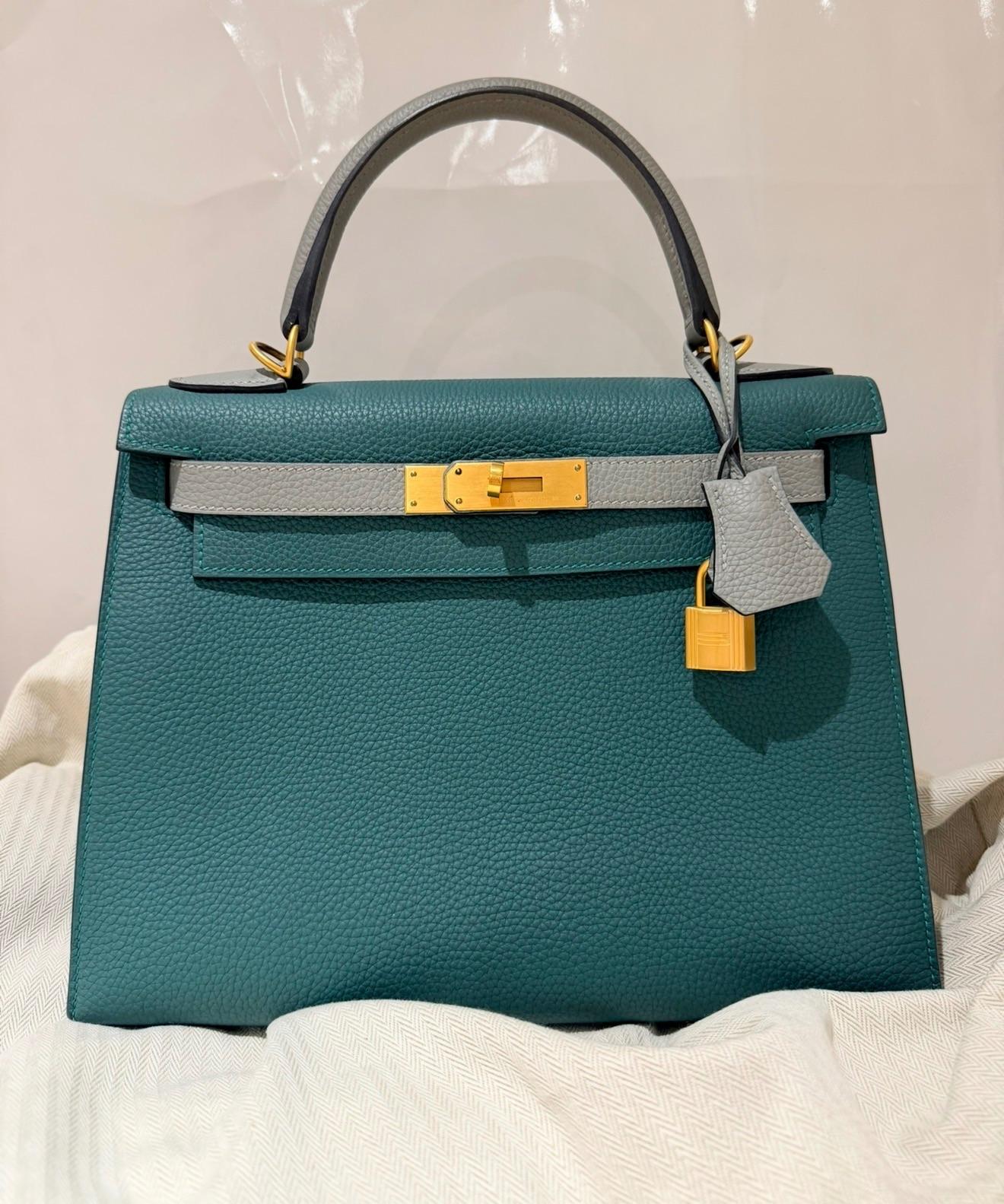 Hermes Malachite And Gris Mouette Togo Leather Kelly 28