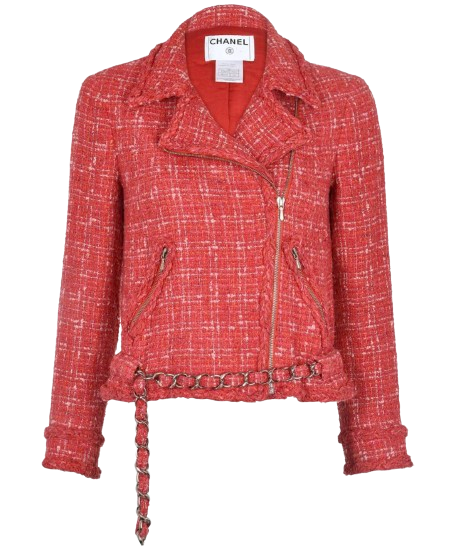 Chanel Red Tweed Biker Jacket with Chain Detail