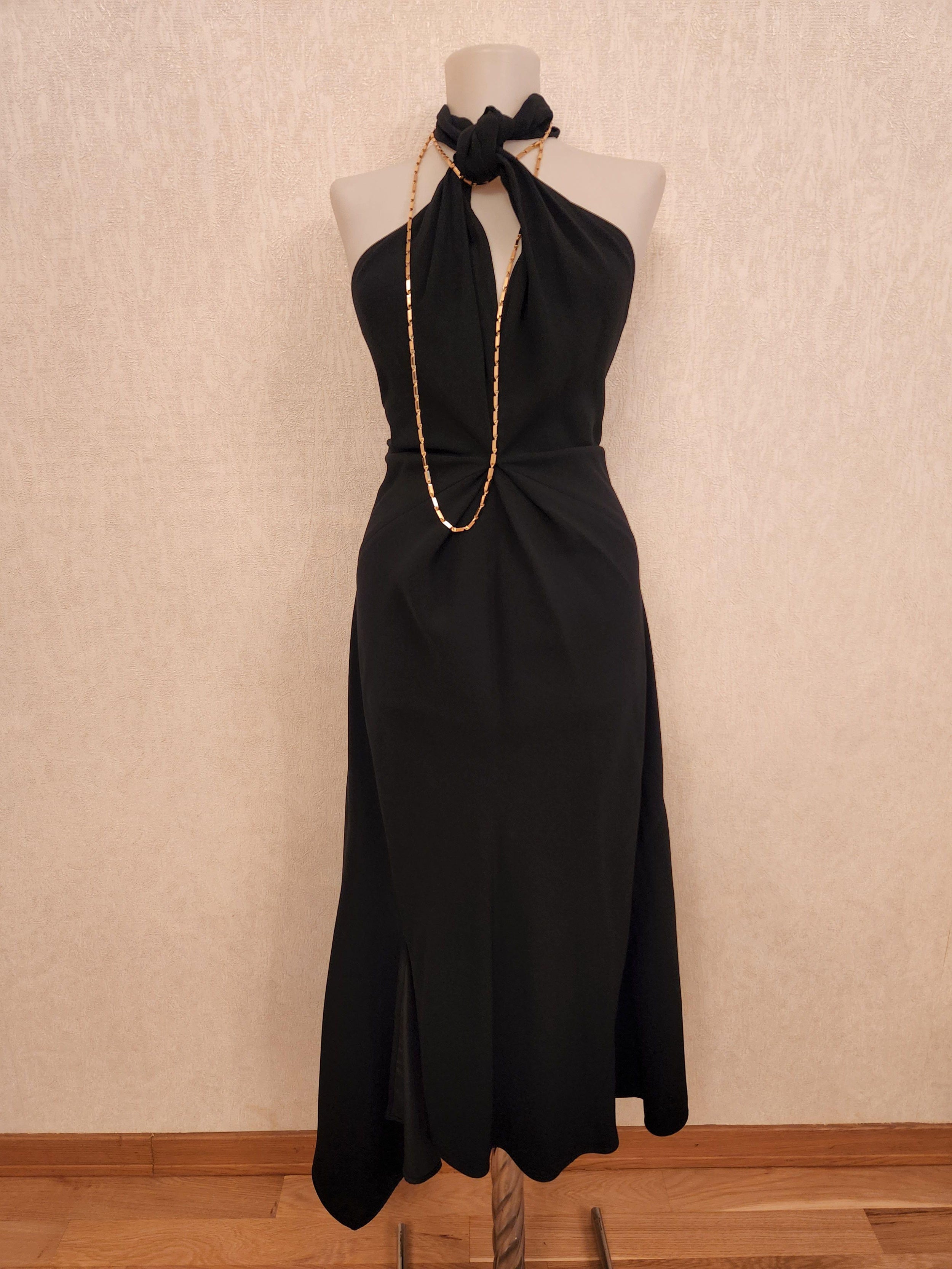 Black Crepe Chain Detail Asymmetric Midi Dress