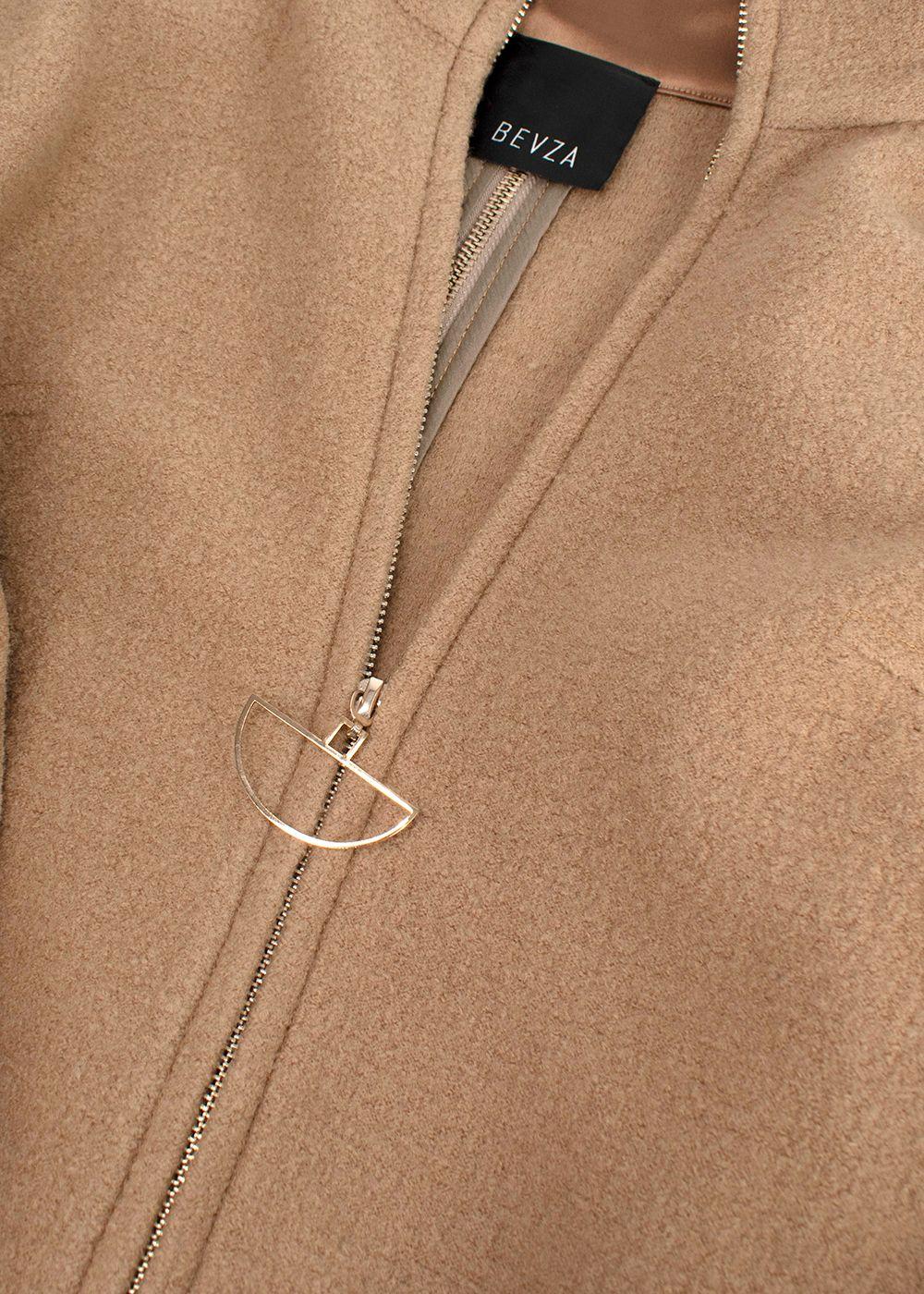 Bevza Camel Longline Wool Coat with Zipper Detail