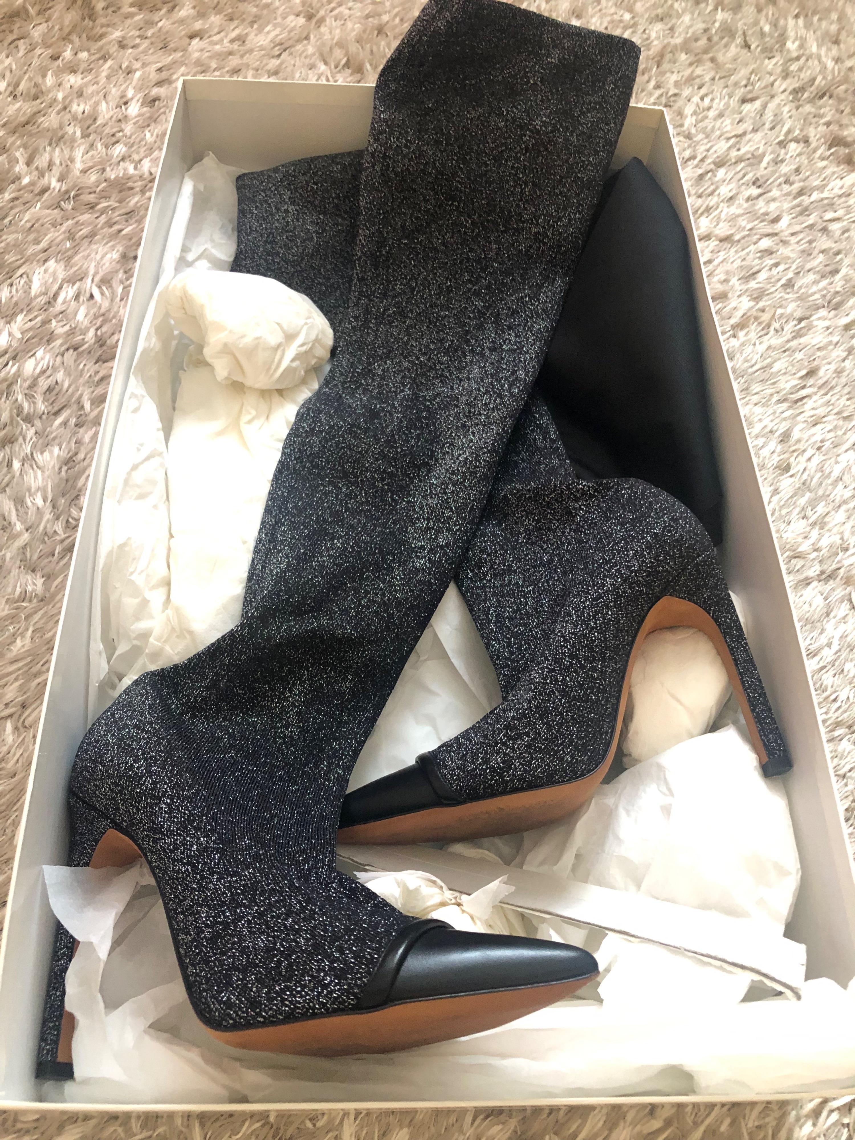 Black 115 Lurex & Leather Thigh Boots