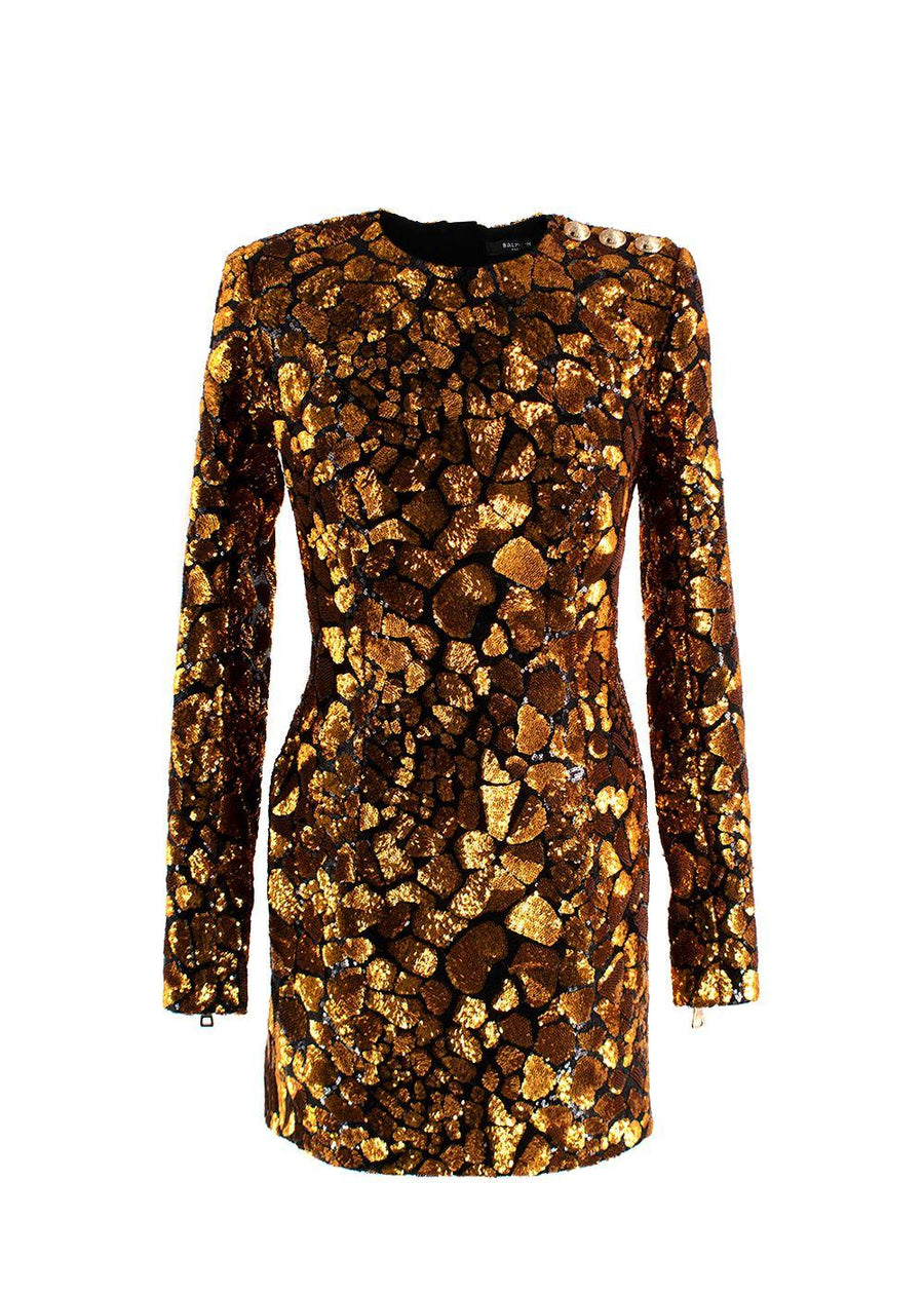 Balmain Gold and Black Sequin Long Sleeve Mini Dress