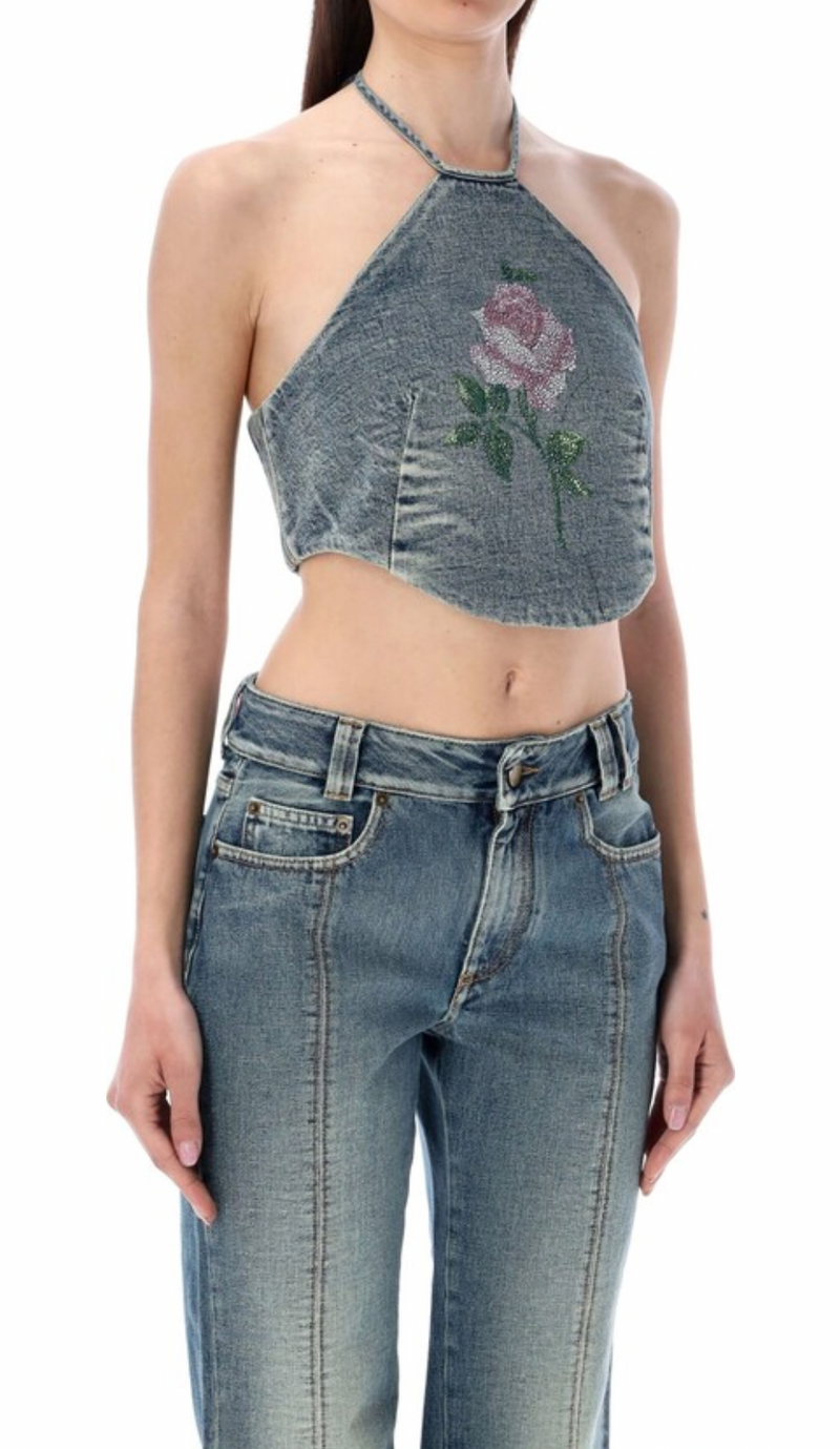 Alessandra Rich Embellished Rose Denim Halterneck Top & Jeans Set