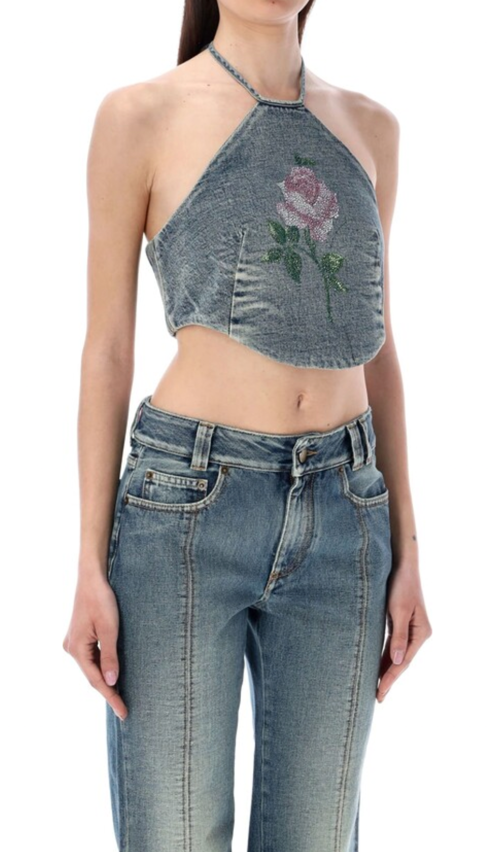 Alessandra Rich Embellished Rose Denim Halterneck Top & Jeans Set