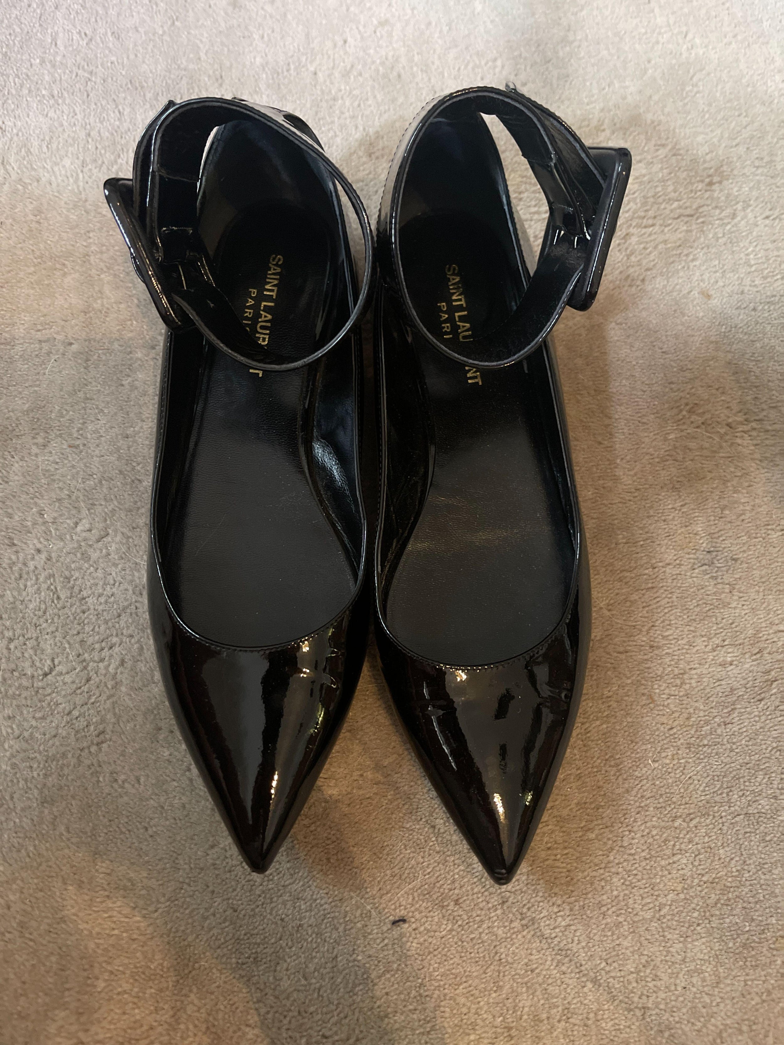 Saint Laurent Black Patent Leather Buckle Strap Ballet Flats
