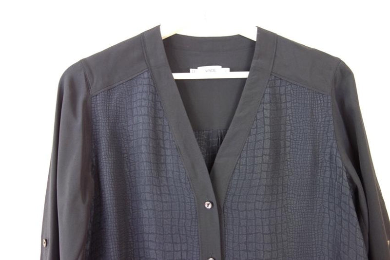 Vince Navy Textured Long Sleeve Blouse