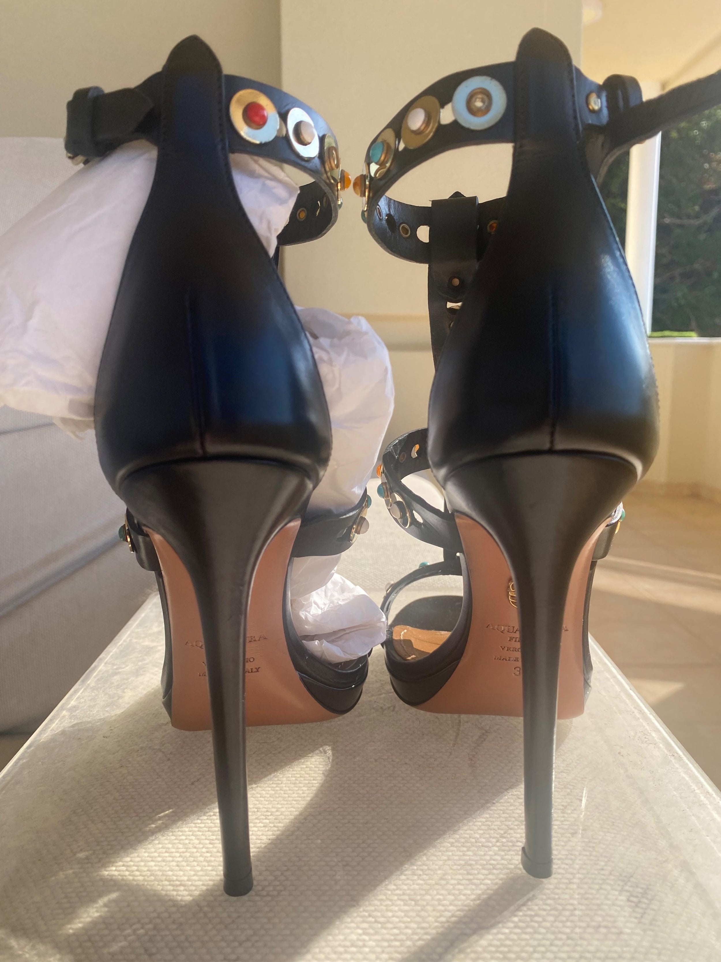 Black leather Byzantine Gladiator heeled sandals