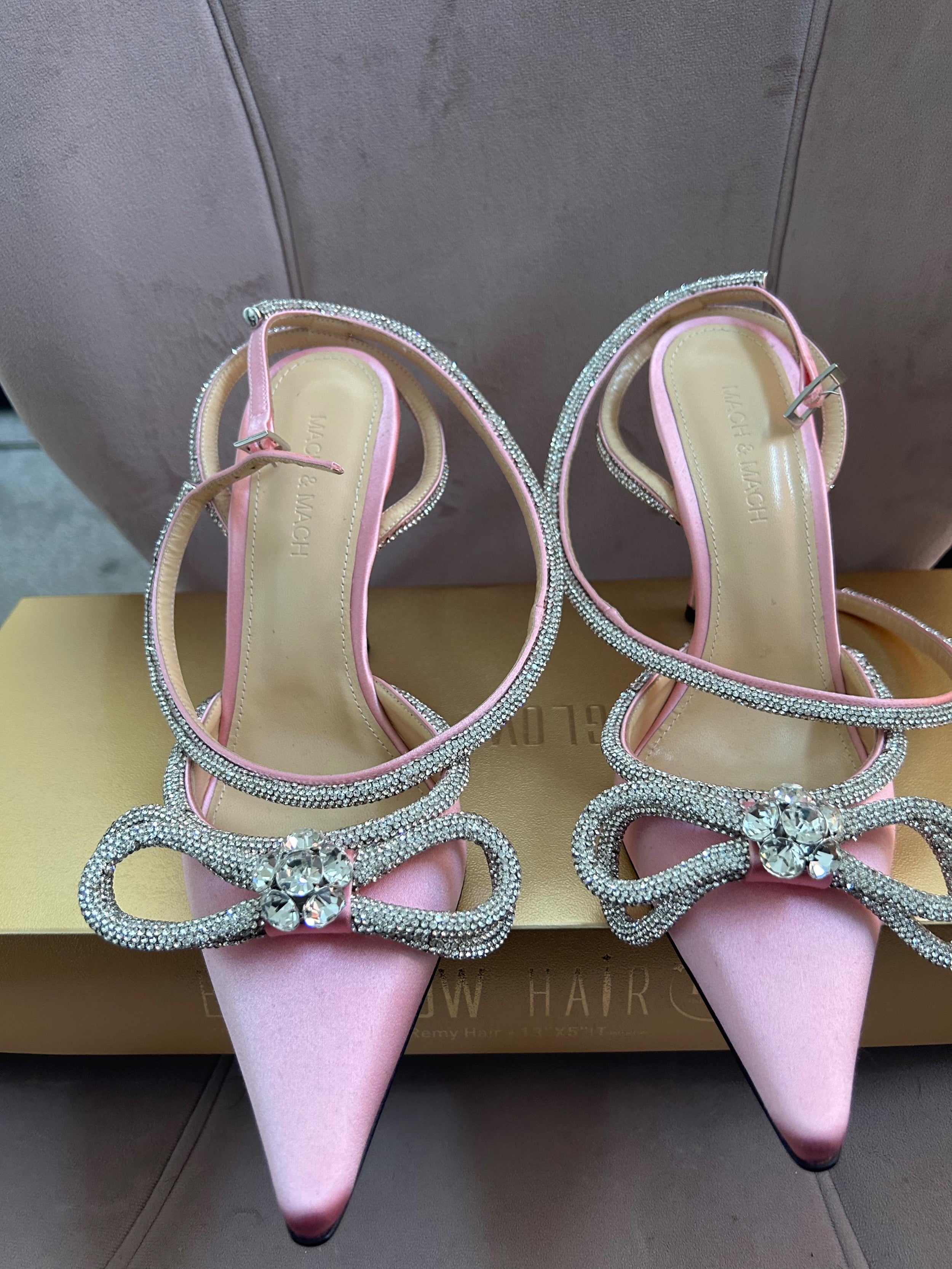 Double Bow Crystal Embellished Pink Satin Pumps