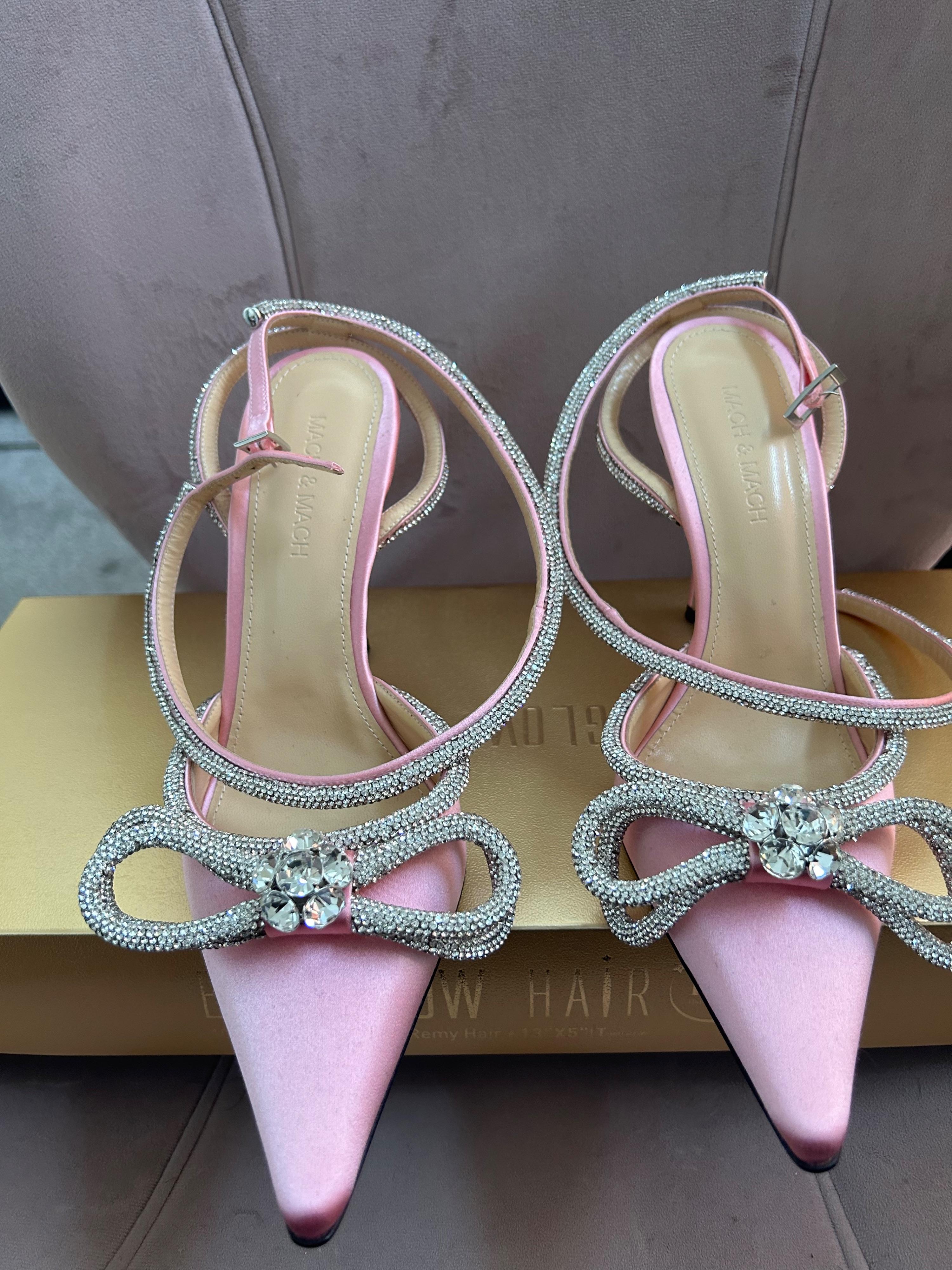 Double Bow Crystal Embellished Pink Satin Pumps