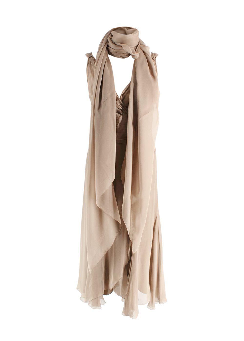 Alberta Ferretti Camel Silk Chiffon Draped Midi Dress