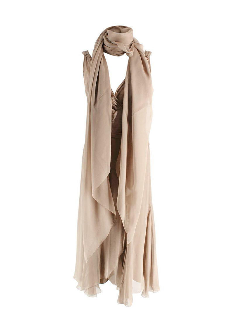 Alberta Ferretti Camel Silk Chiffon Draped Midi Dress