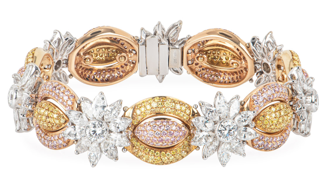 Bespoke Tri-Colour Gold Fancy Yellow, Natural Pink & White Diamond Bracelet