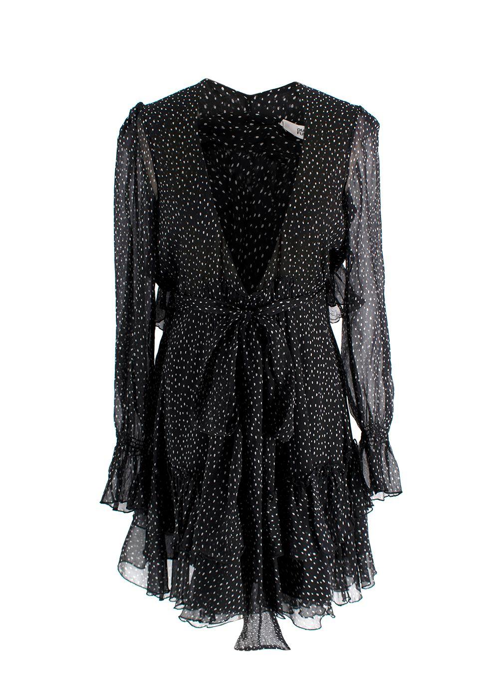 Diane Von Furstenberg Black Polkadot Chiffon Wrap Mini Dress