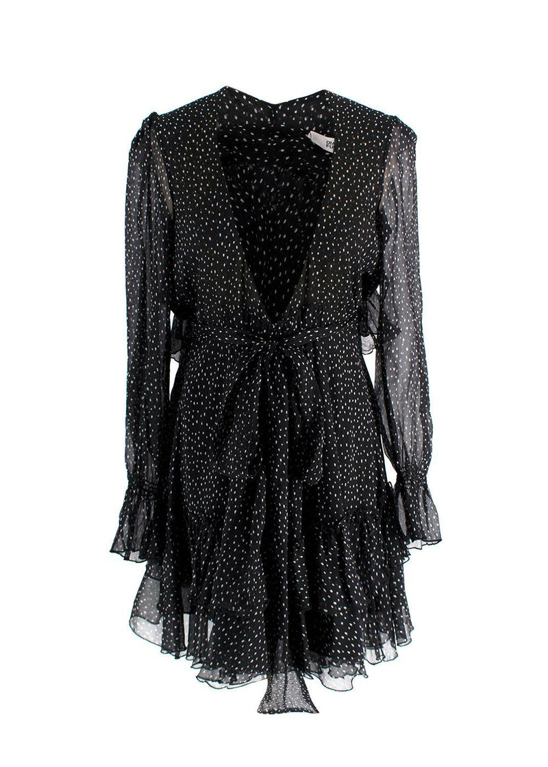Diane Von Furstenberg Black Polkadot Chiffon Wrap Mini Dress