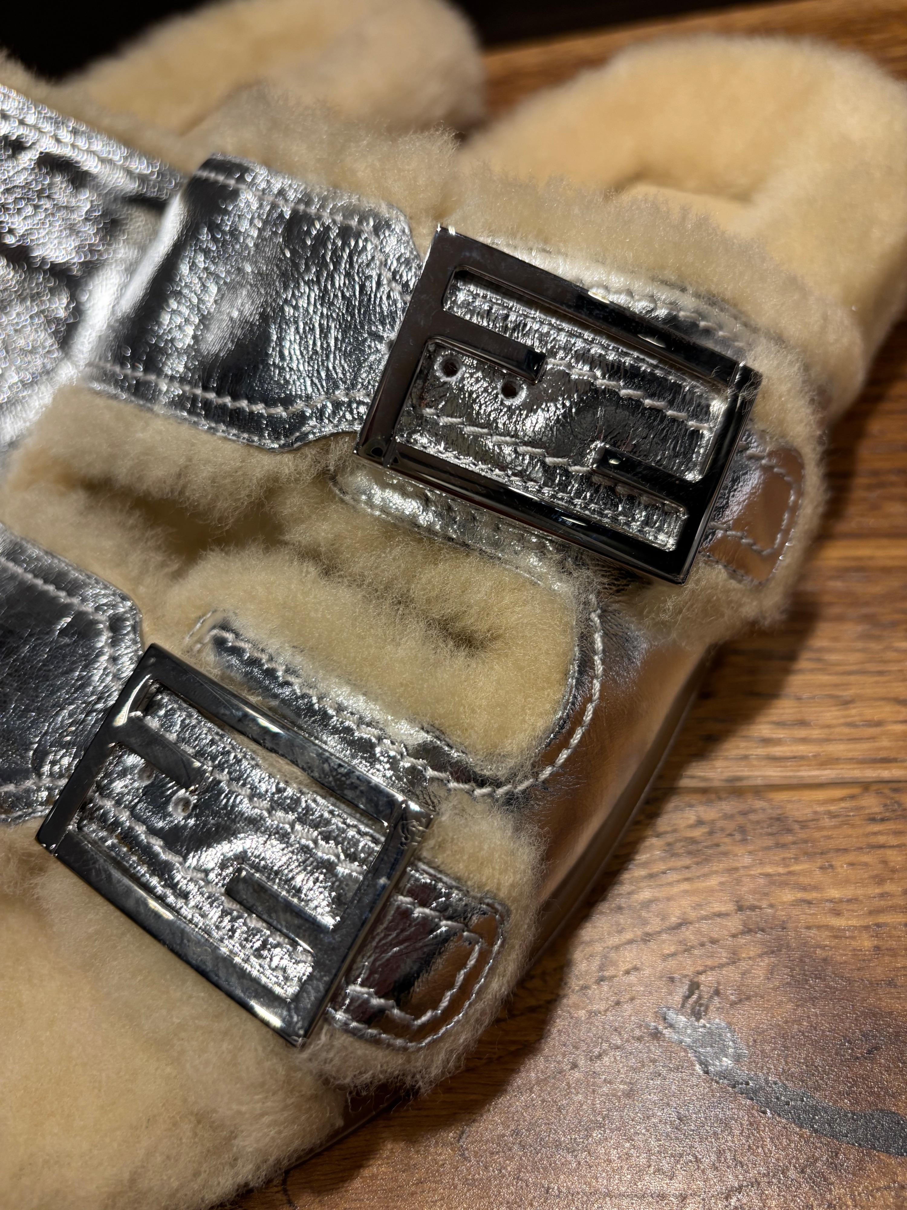 Fendi Shealing Lined Silver Slides