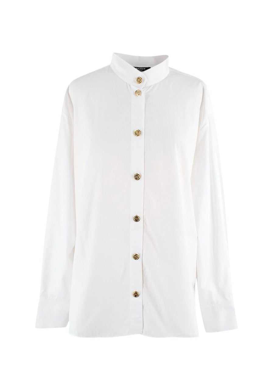 Balmain White Cotton Button-down Collarless Shirt