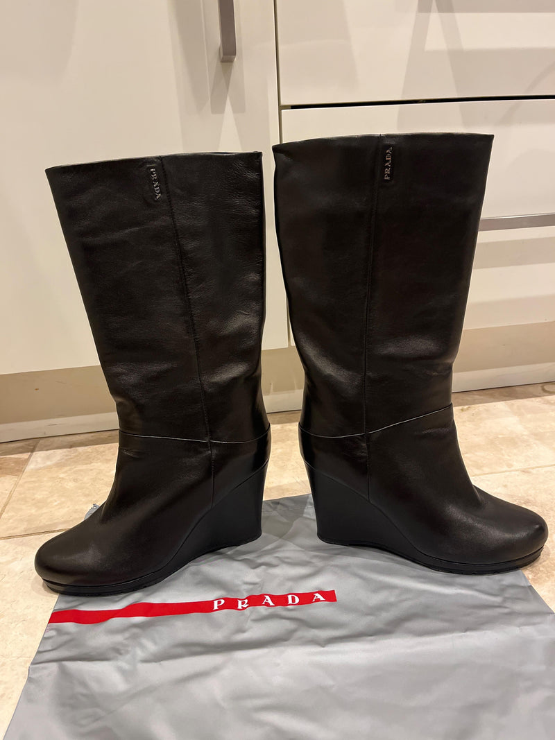 Prada Black Leather Eddy Wedge Boots