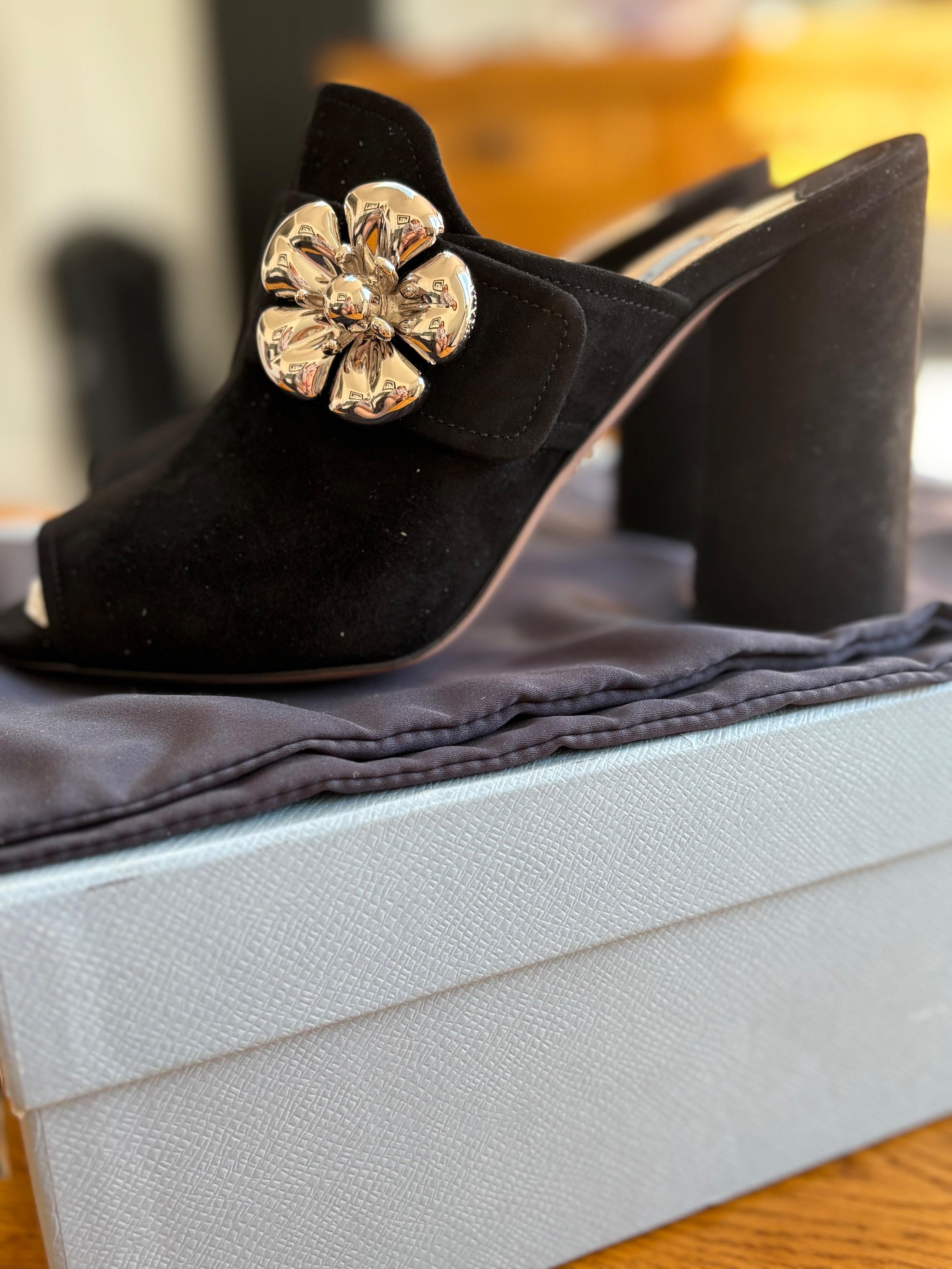 Prada Embellished Black Suede Heeled Mules