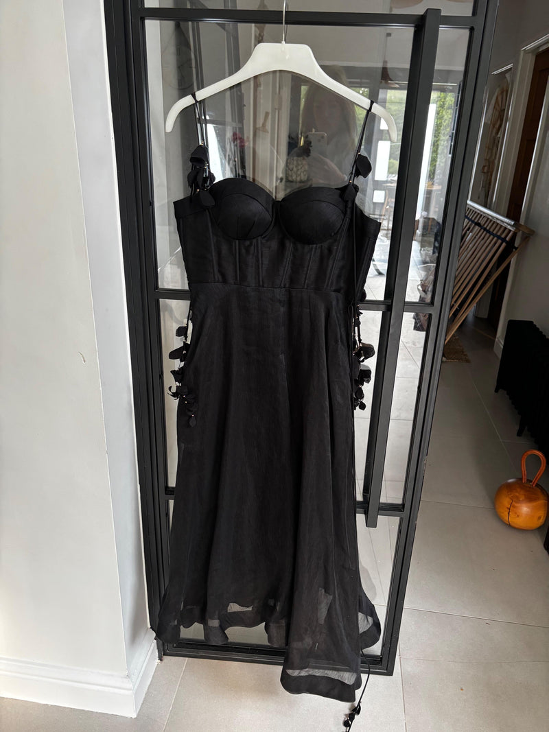 Zimmermann  Floral Linene Black Midi Dress