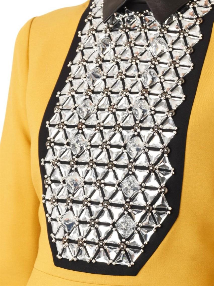 Gucci Yellow Embellished Crepe Dress with Leather Collar
