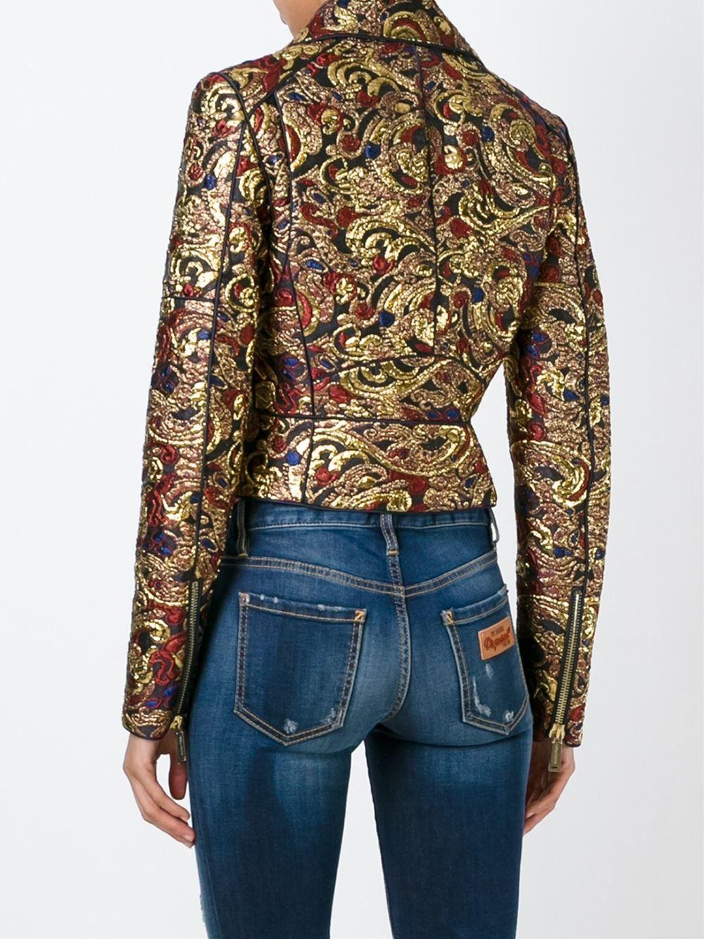 DSquared2 Metallic Gold Brocade Biker Jacket