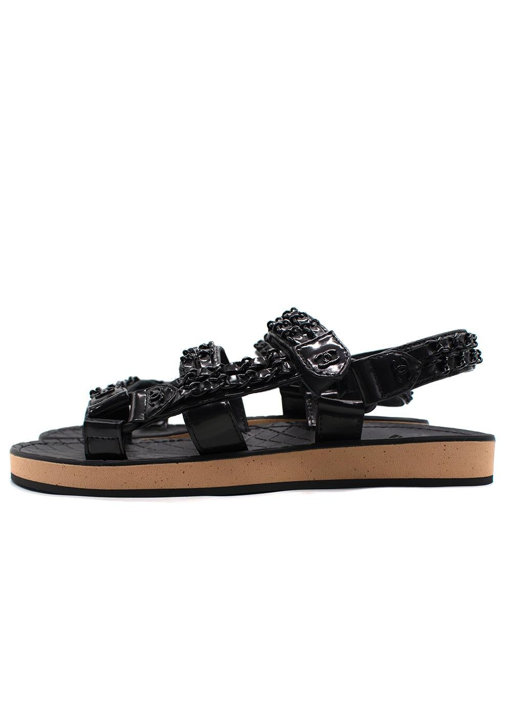 Chanel Black Patent Leather Chain Dad Sandals