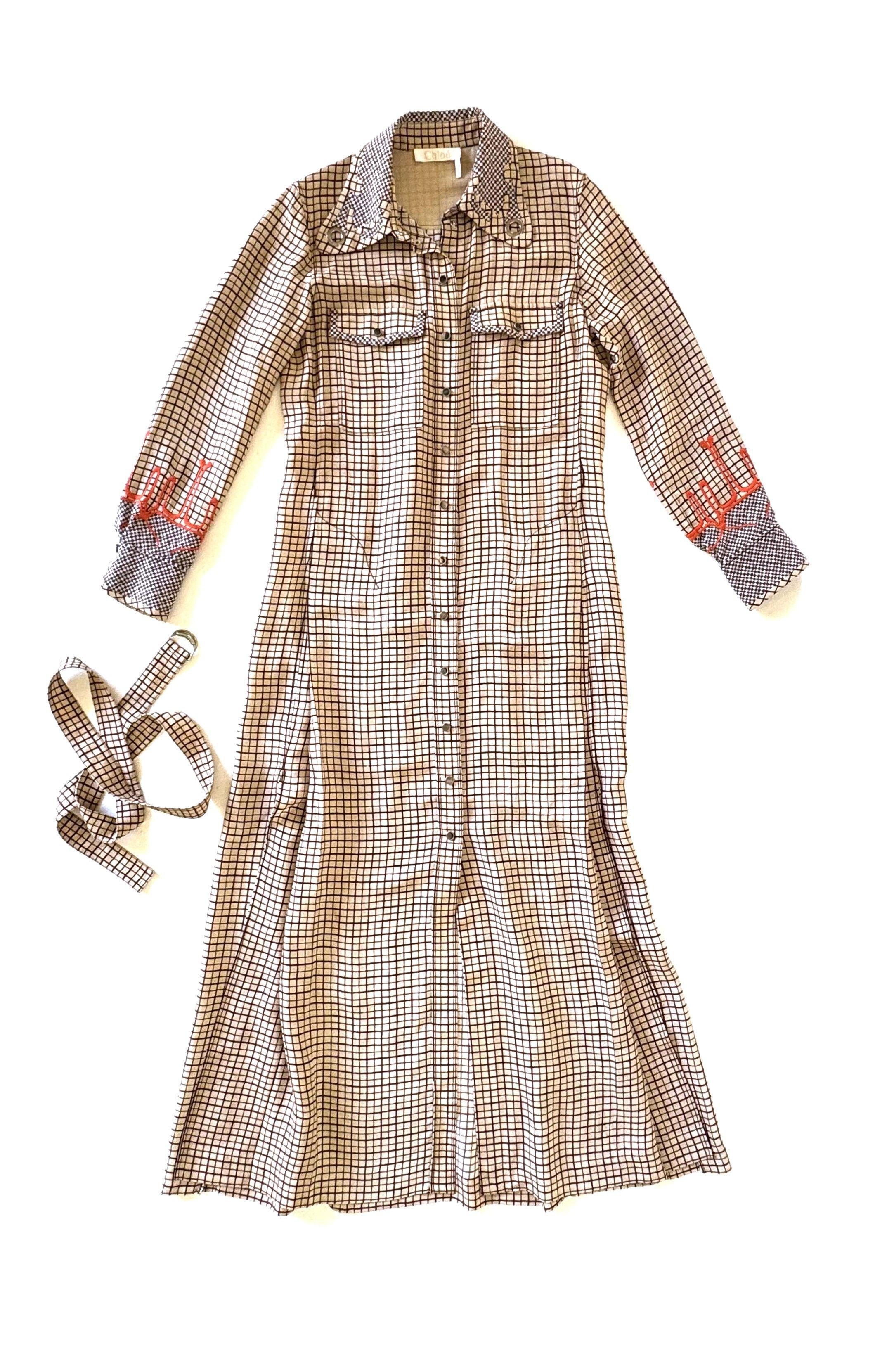 Chloe Belted Windowpand-Check Crepe Shirt Dress