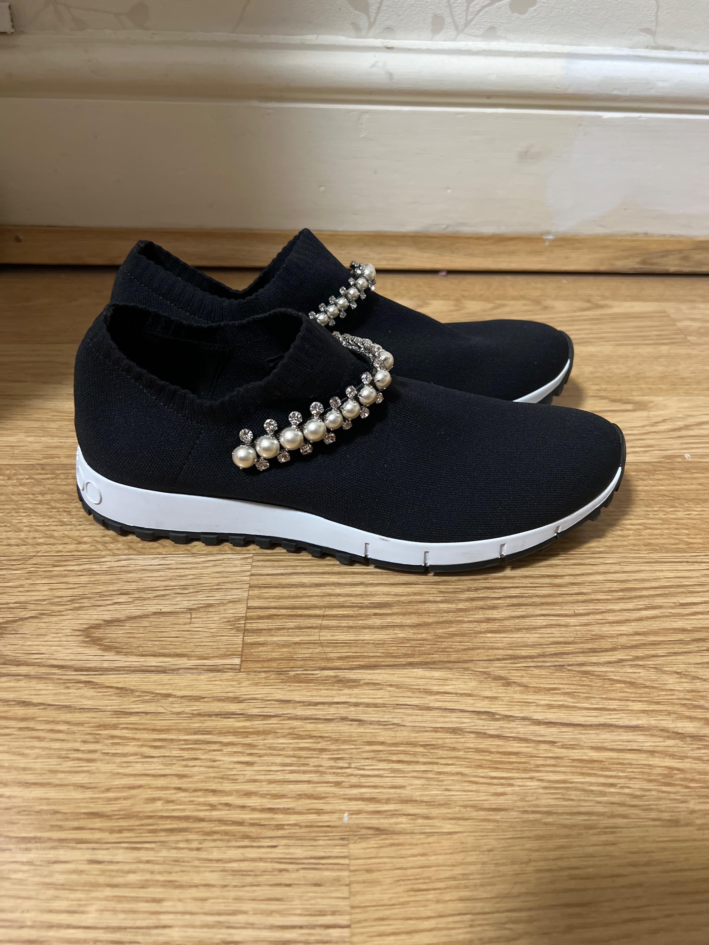 Verona Black Knit Trainers with White Pearl and Crystal Detailing
