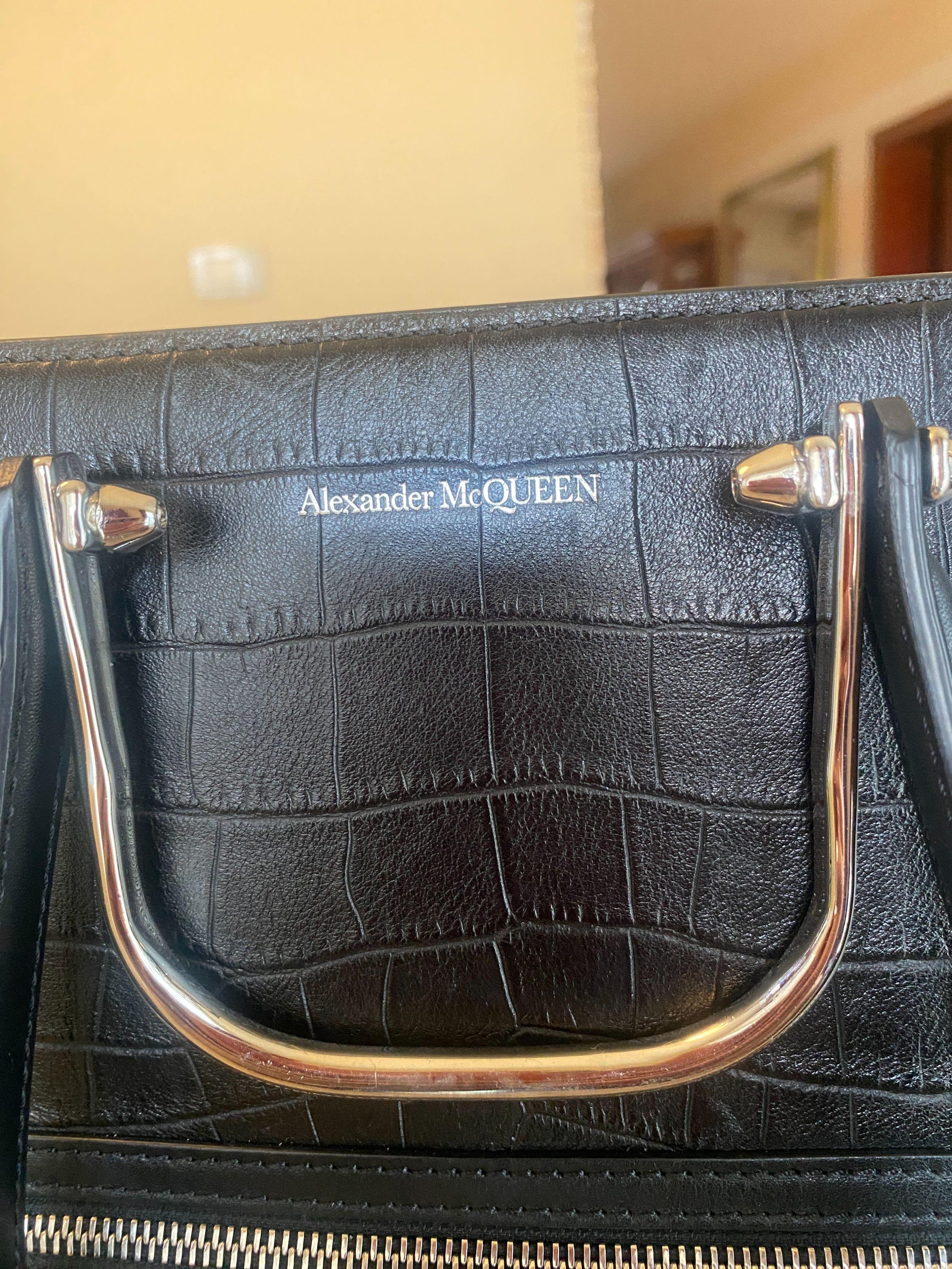 Alexander McQueen Black Tall Story Croc Embossed Leather Bag